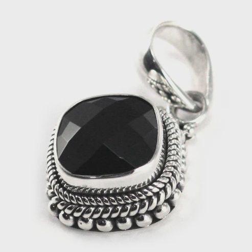 Sterling Silver Bali Beaded Faceted Black Onyx Pendant