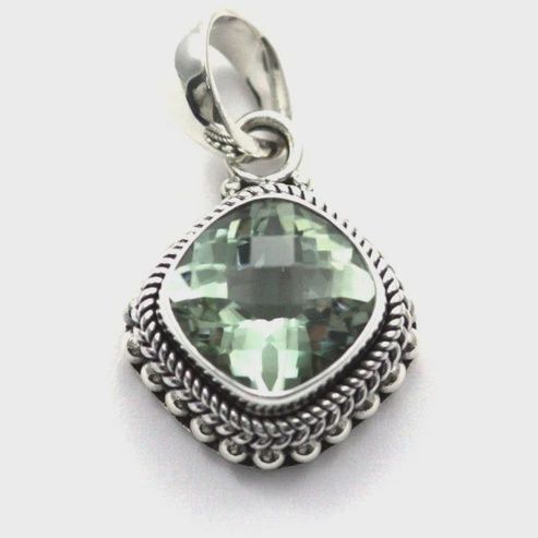 Sterling Silver Bali Antique Checkerboard Green Amethyst Pendant.