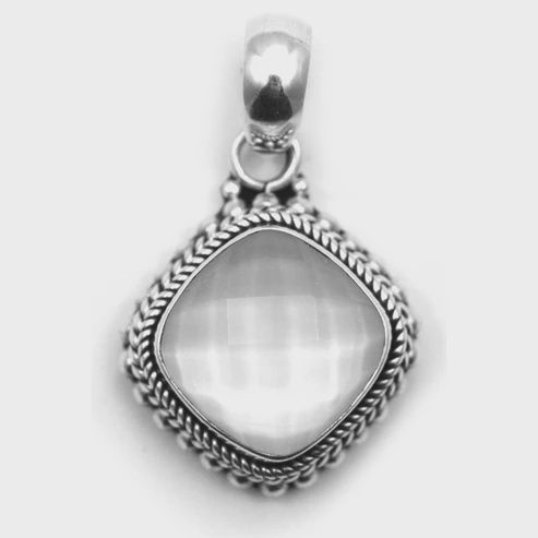 Sterling Silver Bali Checkerboard Faceted Crystal Quartz over MOP Pendant
