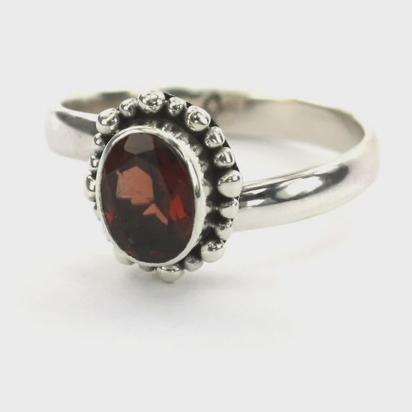 Sterling Silver and Oval Gemstone Adjustable Ring, Size: Garnet