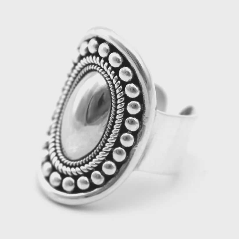 Sterling Silver Low Mirror Dome Ring with Beaded Border