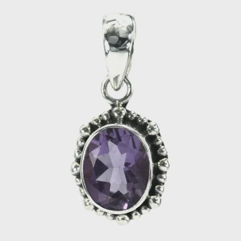 PADMA .925 Sterling Silver Oval Gem Beaded Pendant