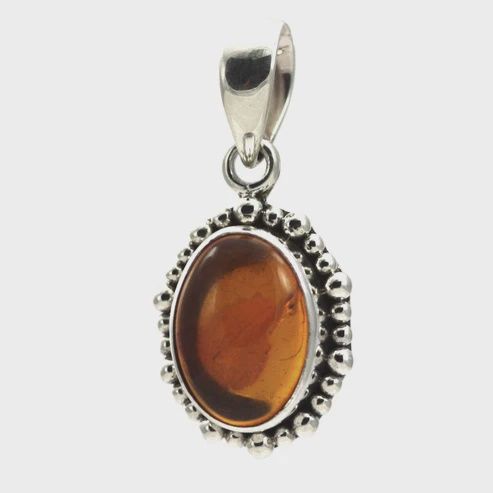 PADMA .925 Sterling Silver Oval Gem Beaded Pendant, Attribute: Amber