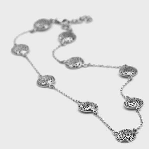 KASI .925 Sterling Silver Bali Necklace with Carved Stations, Size: 18-20&quot;
