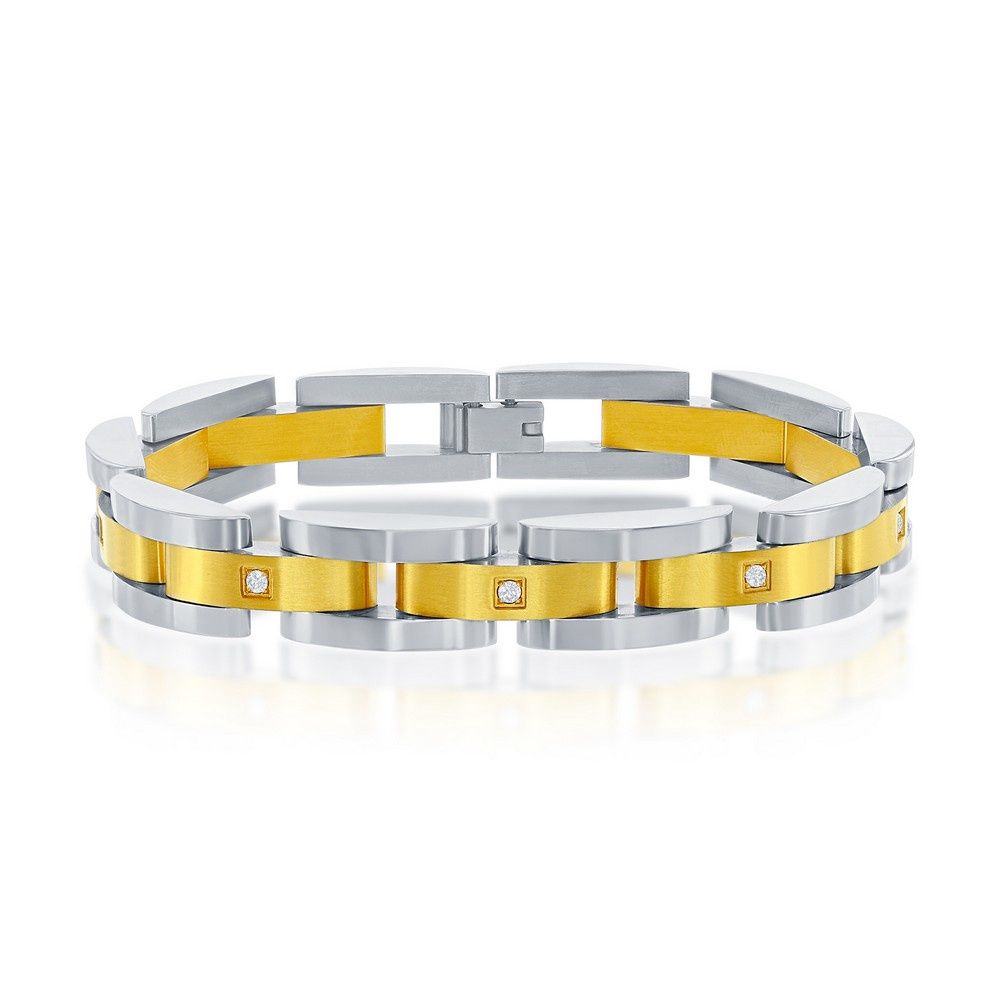 Men&#39;s Stainless-Steel Gold &amp; Silver Link CZ Bracelet