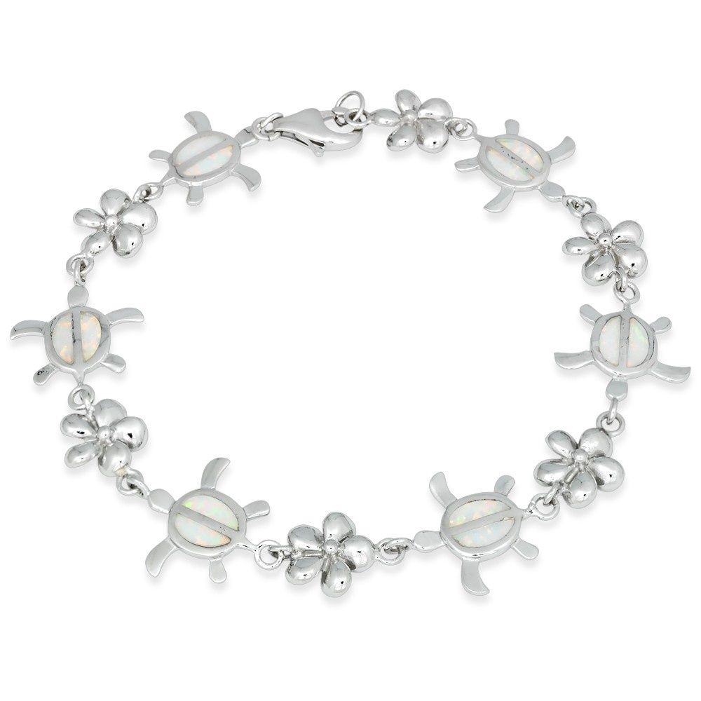 Sterling Silver White Inlay Opal Alternating Flower and Tortoise Link Bracelet