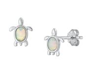 Sterling Silver Turtle with White Opal Stud Earrings