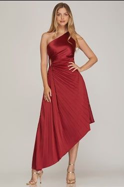 One Shoulder Pleated Asymmetrical Dress - Wine