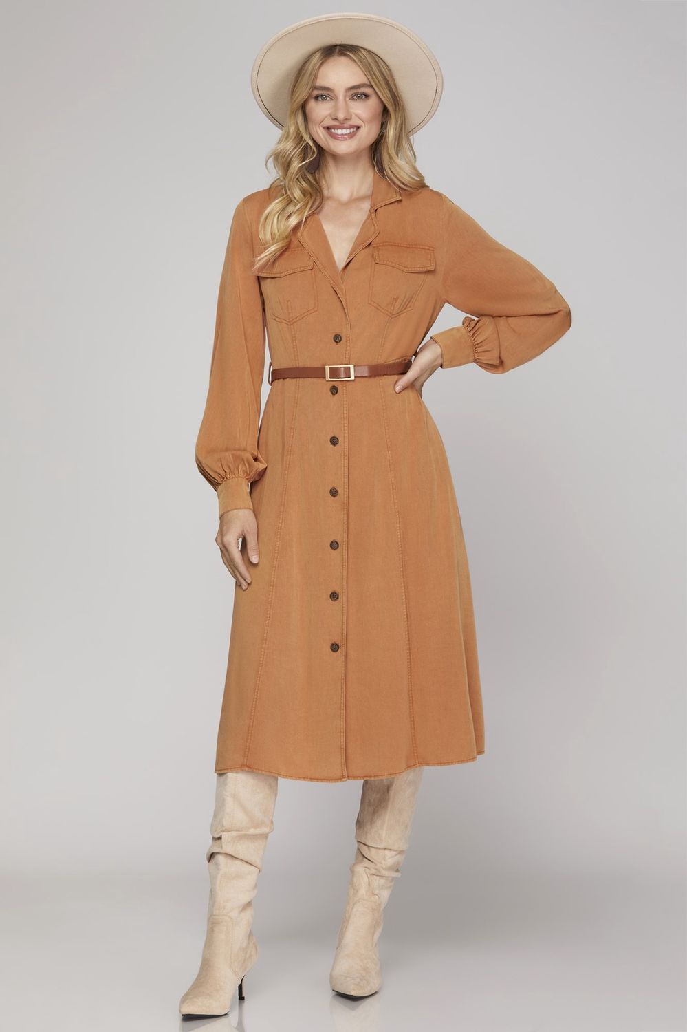 Long Sleeve Button Down Washed Dress - Cinnamon