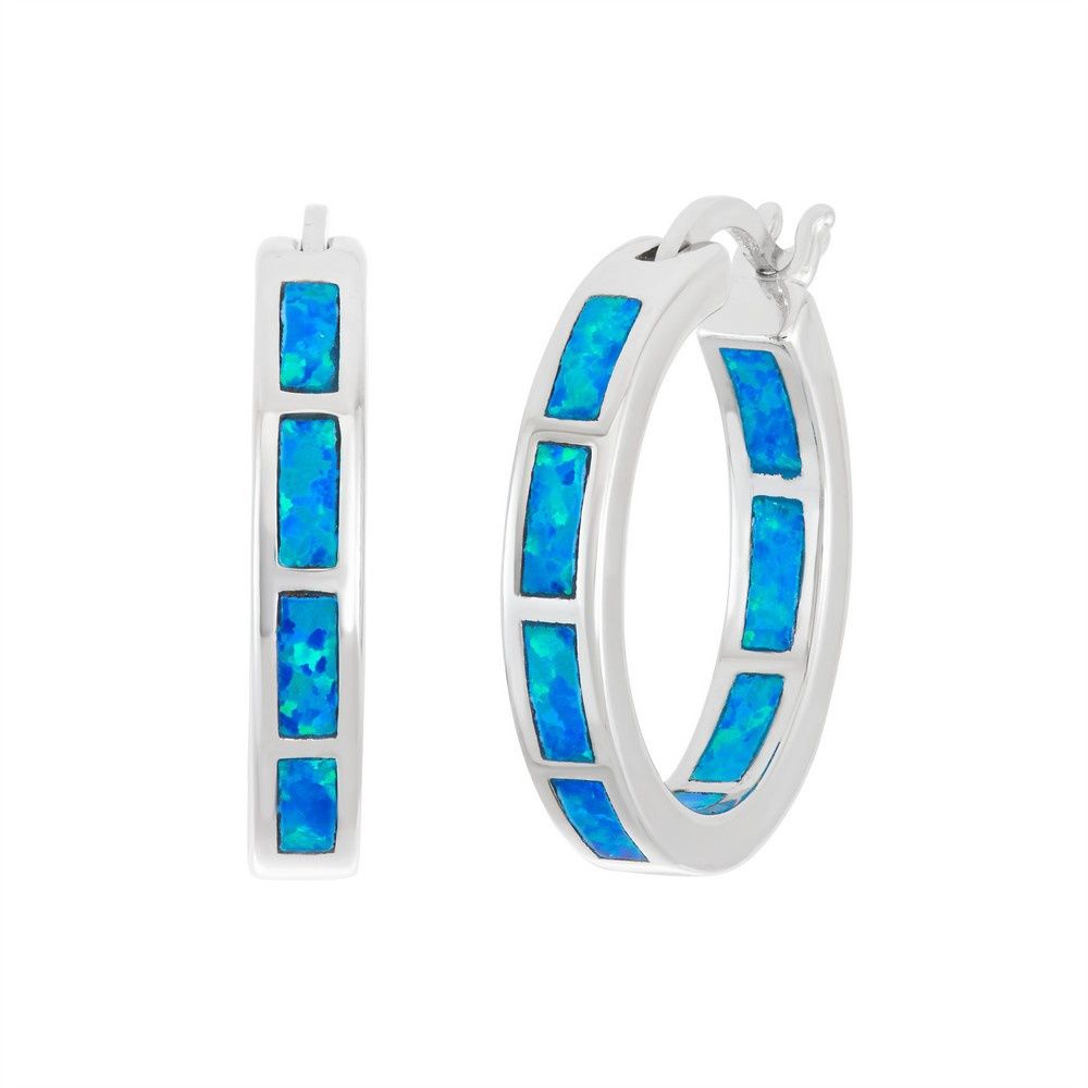 Sterling Silver, Opal Hoop Earrings - Blue Opal