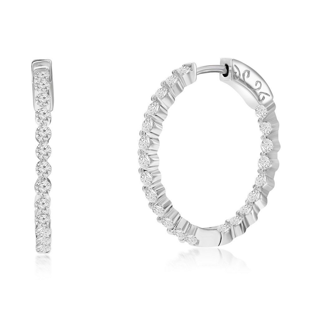 Sterling Silver Inside-Outside Round CZ Hoop Earrings, Size: 25MM