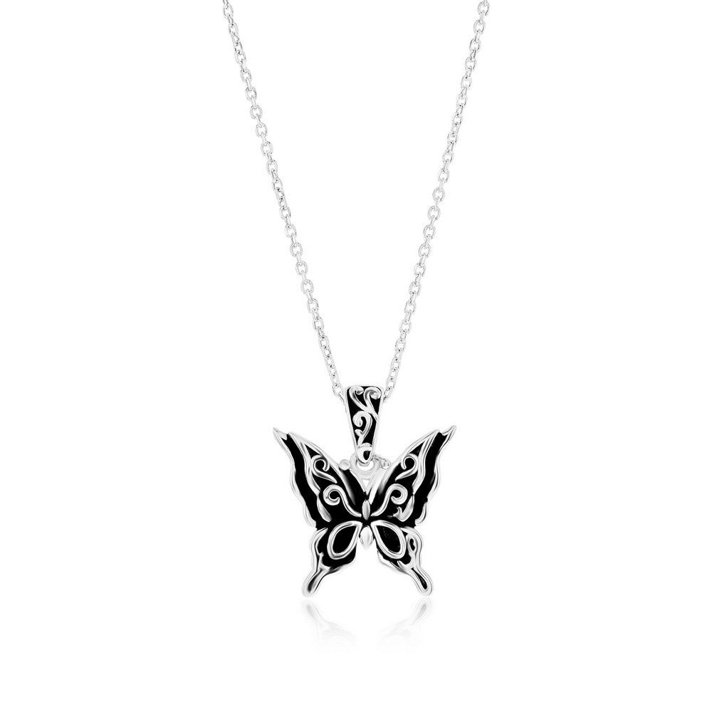 Sterling Silver, Oxidized Butterfly Pendant with Chain