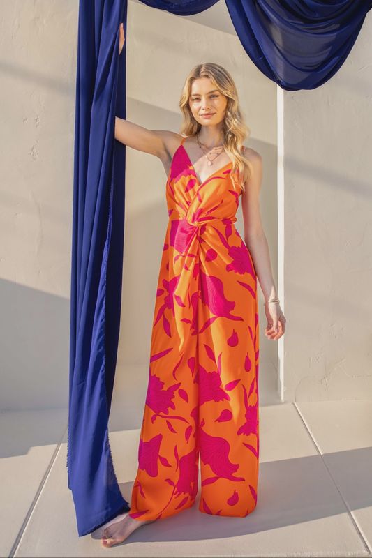 Sleeveless Print Jumpsuit with Front Twist