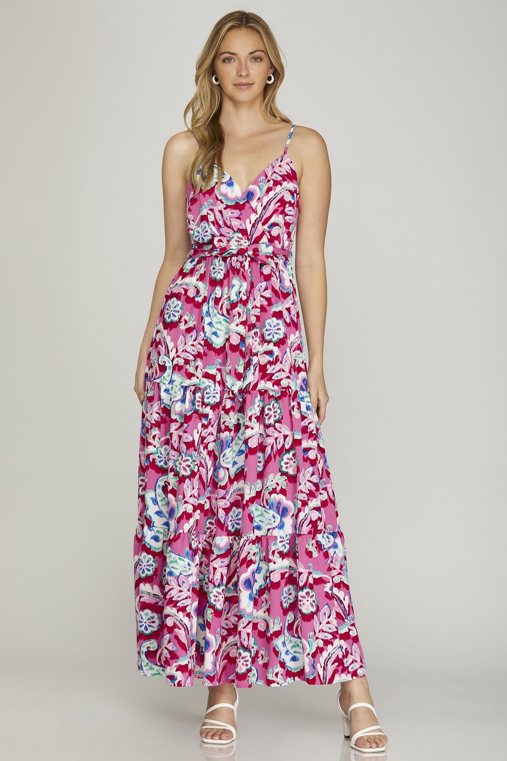 Surplice Cami Print Tiered Maxi Dress with Tie Front