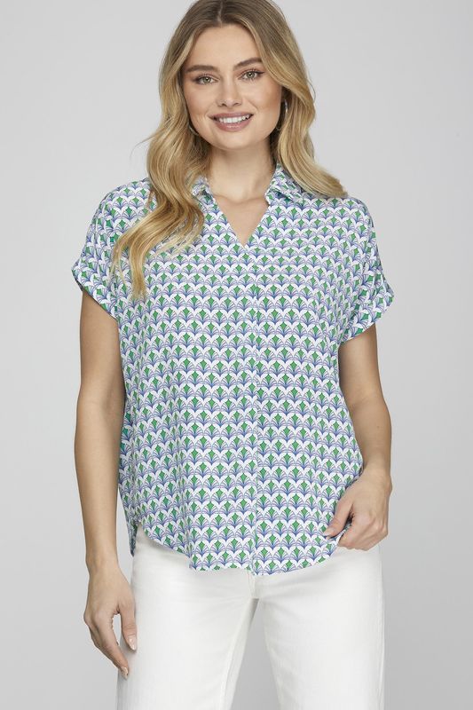 Drop Shoulder Collared Printed Top