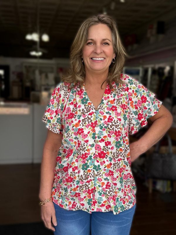 Floral Top with Flounce Sleeves