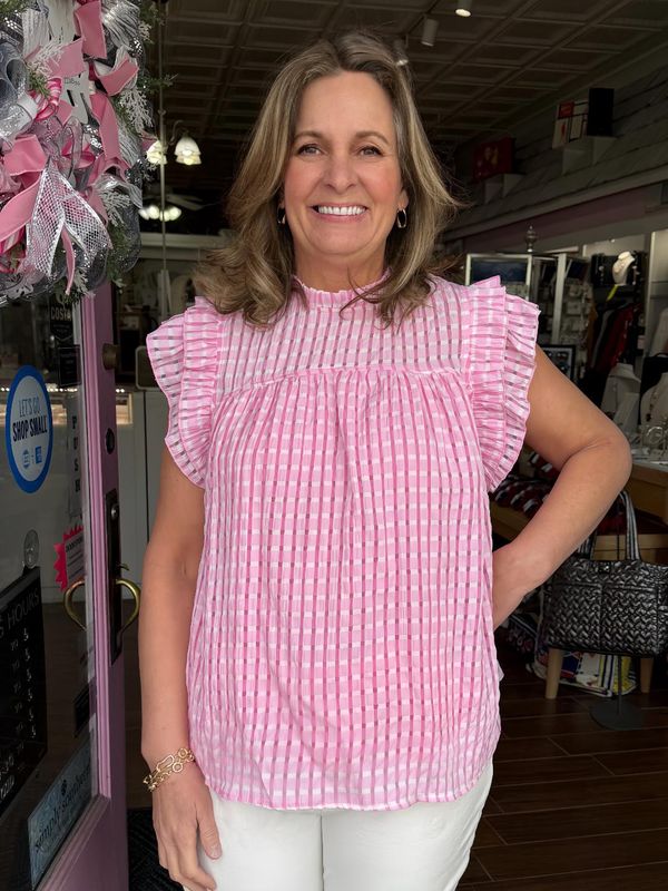 Checkered Seersucker Ruffle Top
