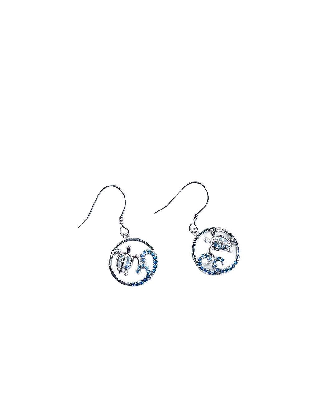 Sterling Silver and Swiss Blue Topaz Turtle &amp; Wave French Wire Earrings