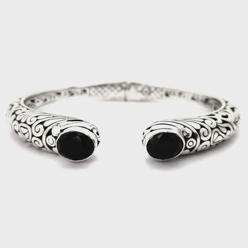 Sterling Silver Spring Hinged Bracelet with Gemstones, Attribute: Black Onyx