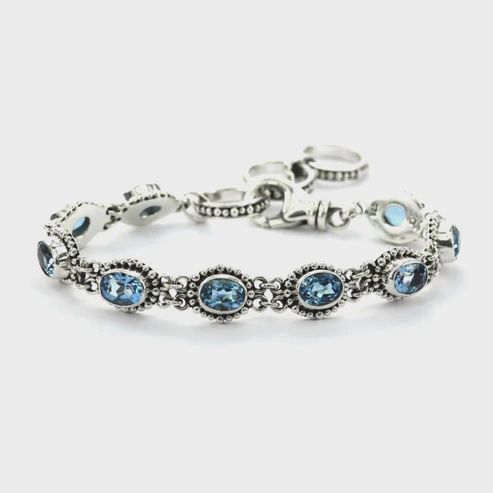 Sterling Silver Faceted Gemstone Station Bracelet, Gemstone: Bue Topaz