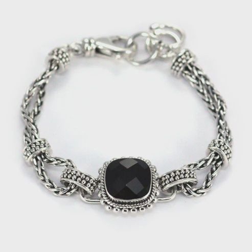 Sterling Silver Center Station Bracelet, Gemstone: Black Onyx