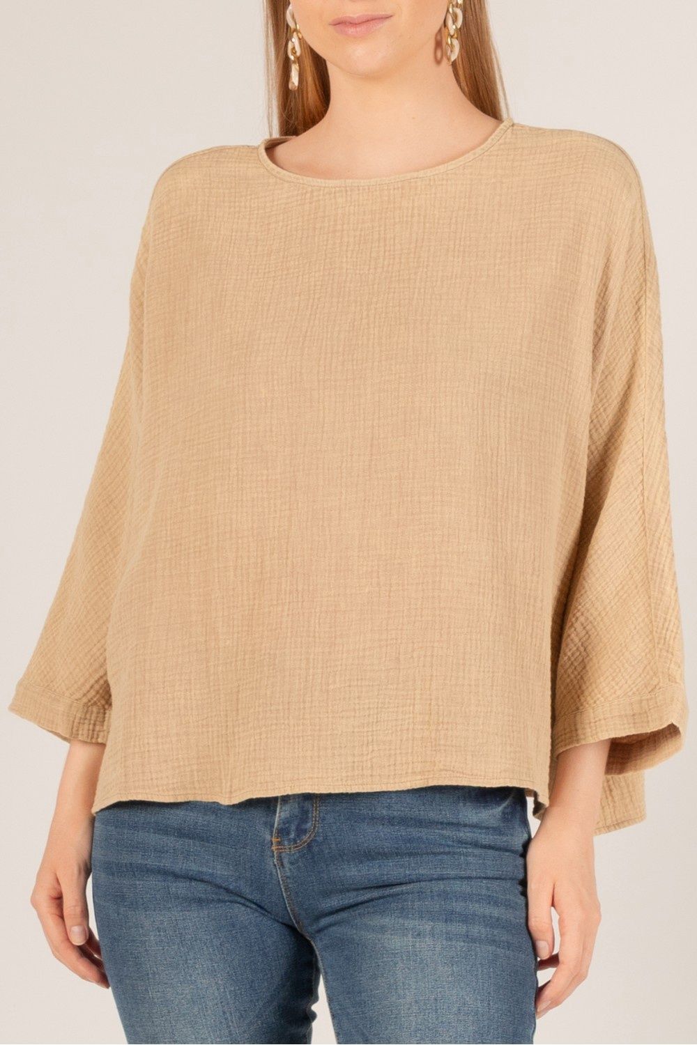 Gauze Round Neck Dolman Sleeve Top