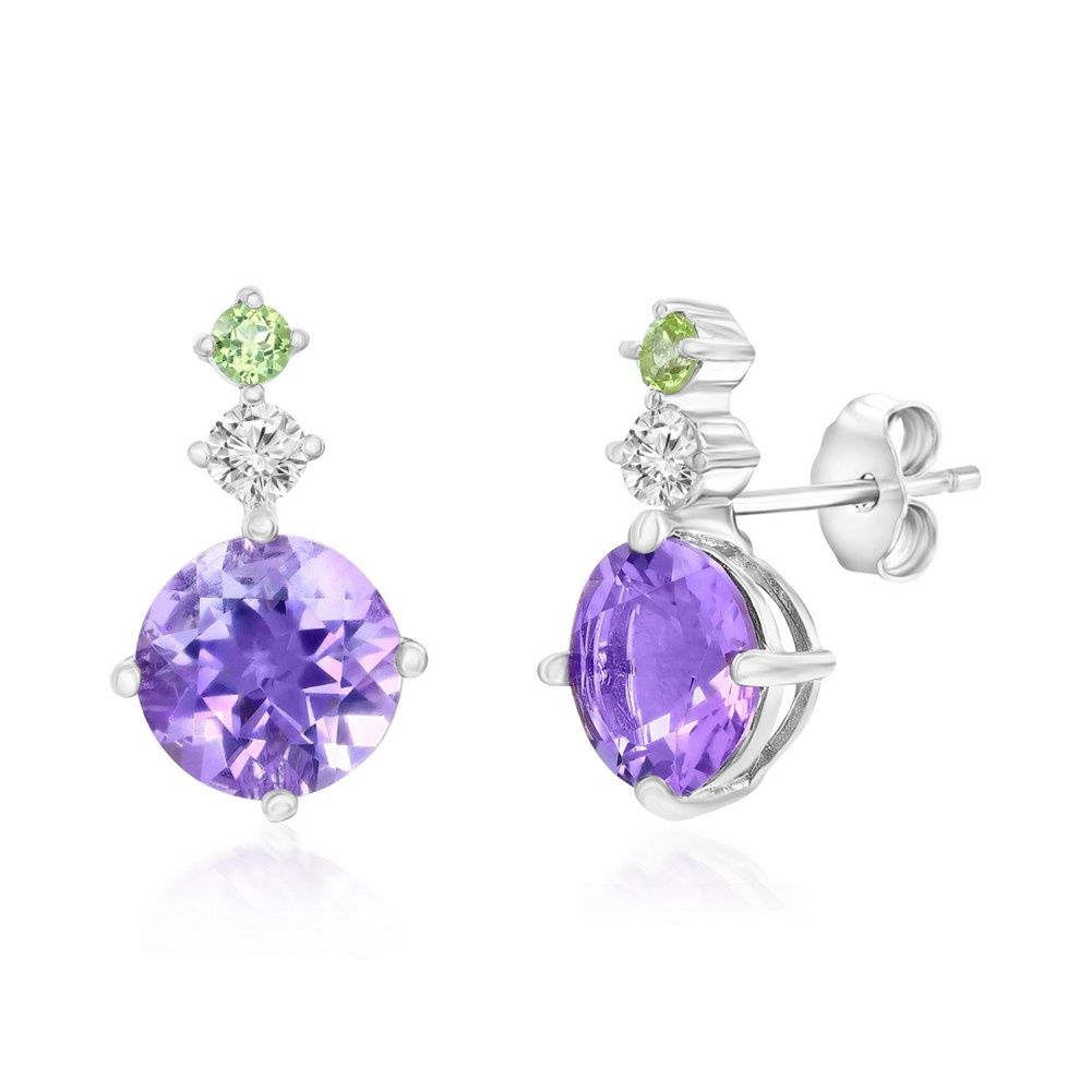 Sterling Silver, Amethyst &amp; Small White Topaz &amp; Peridot Earrings