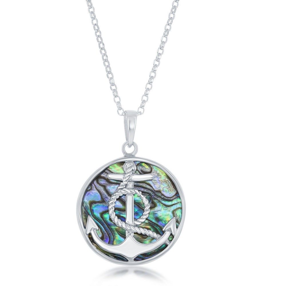 Sterling Silver Anchor with Twisted Rope Round Abalone Pendant Necklace