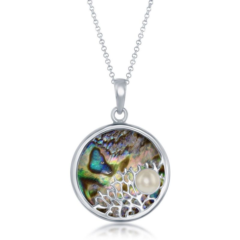 Sterling Silver Round Abalone Tree Branch with Freshwater Pearl Pendant with Chain