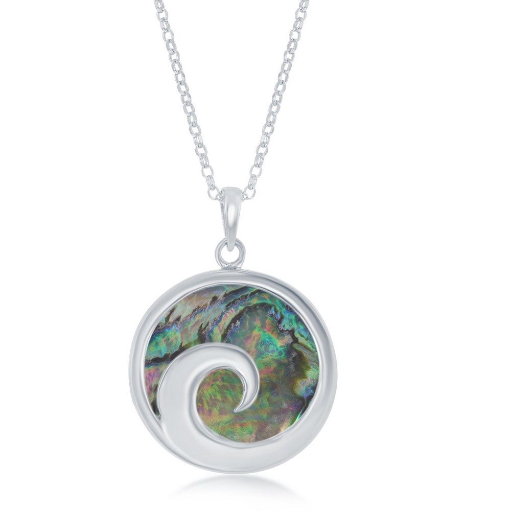 Sterling Silver Wave Design Round Abalone Pendant Necklace