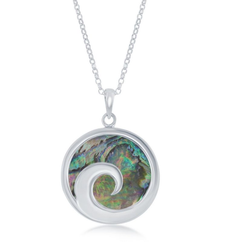 Sterling Silver Wave Design Round Abalone Pendant Necklace