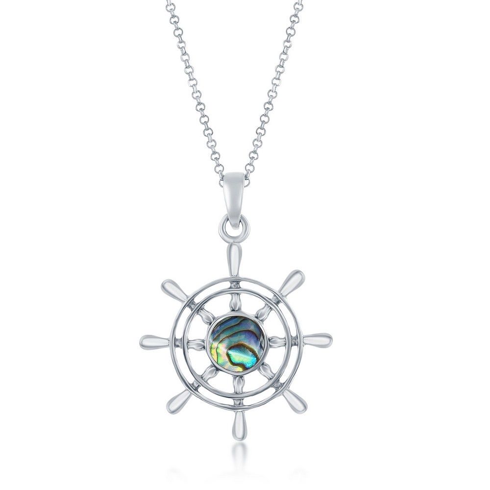 Sterling Silver Ship Wheel Pendant - Abalone Necklace