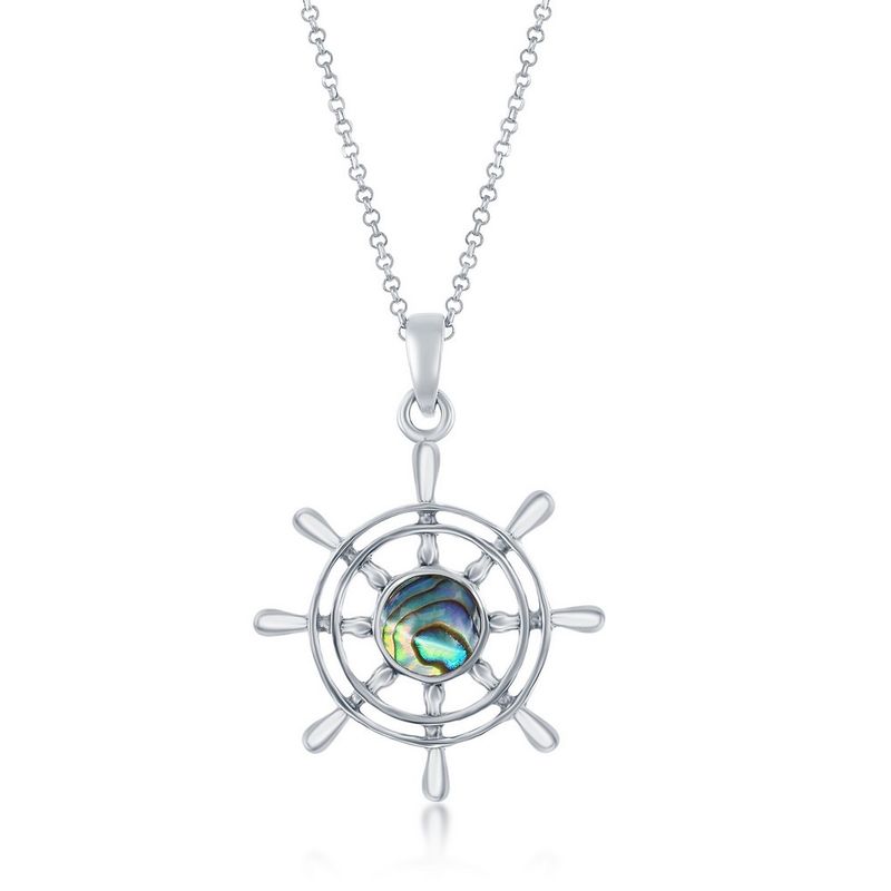 Sterling Silver Ship Wheel Pendant - Abalone Necklace