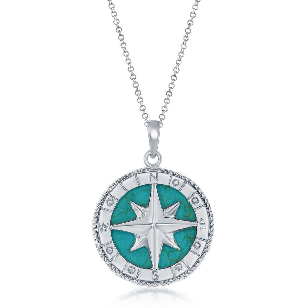 Sterling Silver Compass Pendant w/Chain - Turquoise