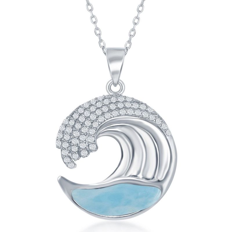 Sterling Silver Larimar Wave Design with CZ's Pendant Necklace