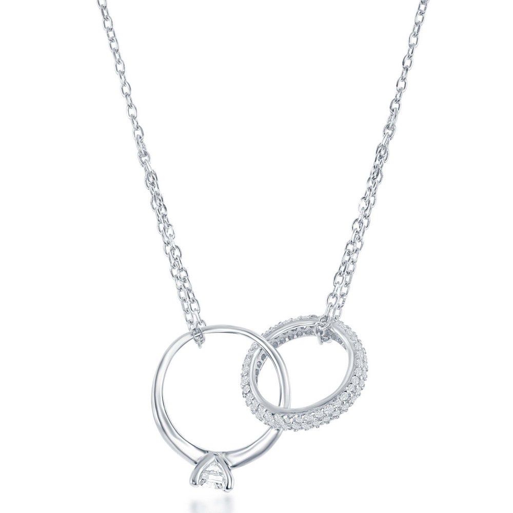 Sterling Silver Interlocking Engagement Ring &amp; Micro Pave Band Necklace
