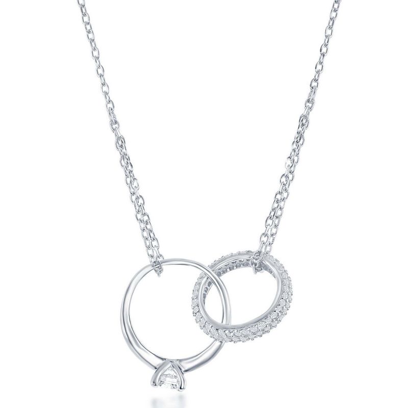 Sterling Silver Interlocking Engagement Ring &amp; Micro Pave Band Necklace