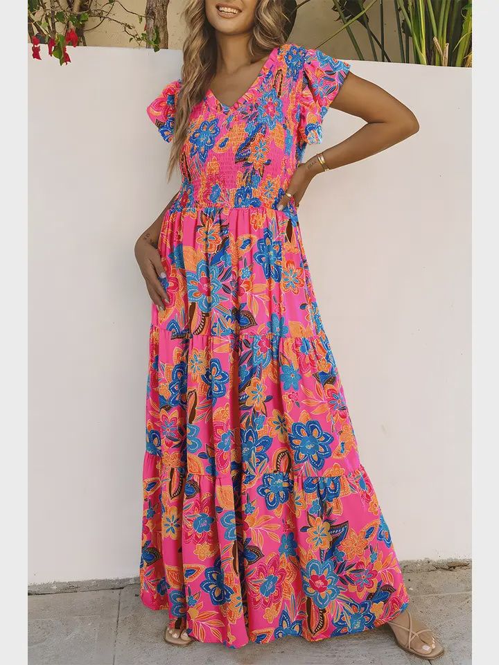 Boho Floral V-Neck Ruffle Tiered Maxi Dress