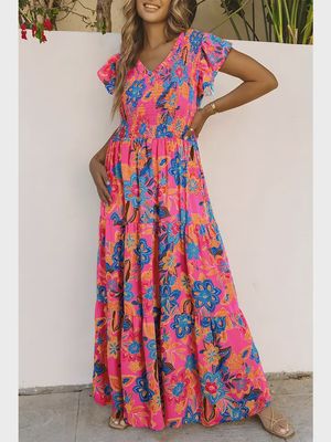 Boho Floral V-Neck Ruffle Tiered Maxi Dress