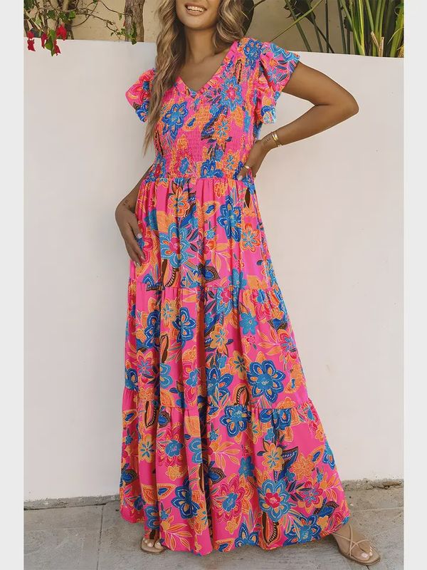 Boho Floral V-Neck Ruffle Tiered Maxi Dress
