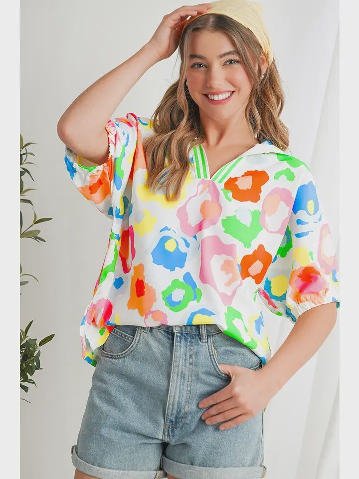 Colorful Leopard V-Neck Short Sleeved Shift Blouse