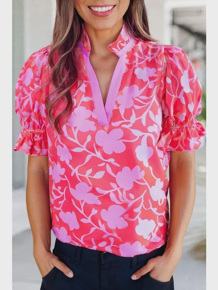 Floral Split V-Neck Ruffled Blouse