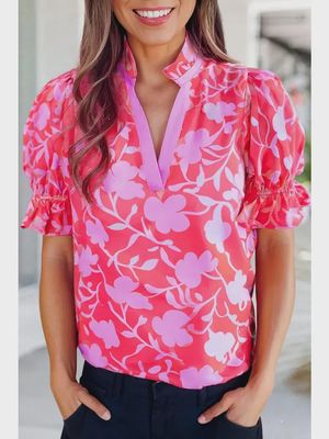Floral Split V-Neck Ruffled Blouse