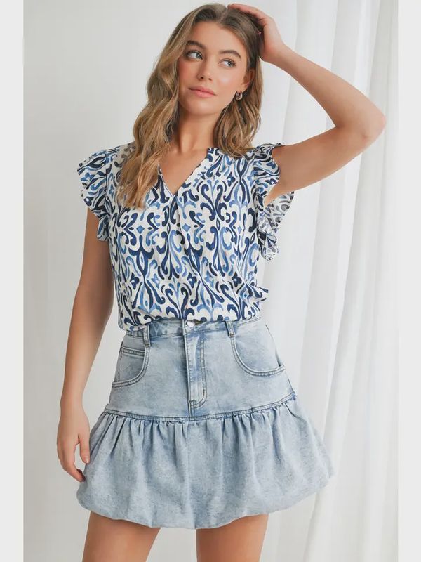 Boho Abstract Print Ruffled Top