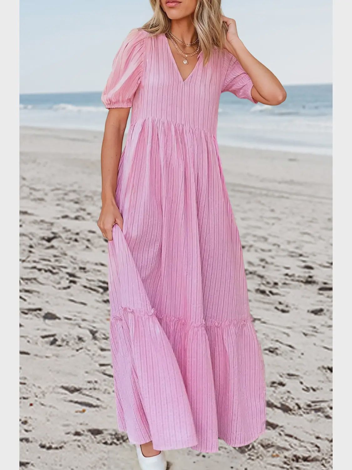 Stripped V-Neck Puff Short Sleeve Maxi Dress