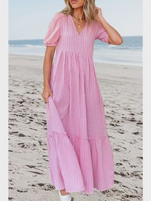 Stripped V-Neck Puff Short Sleeve Maxi Dress