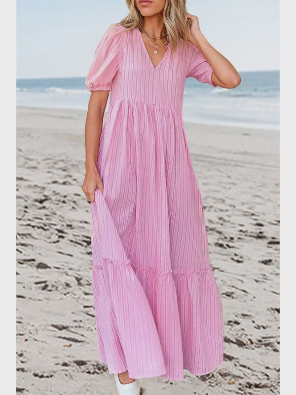 Stripped V-Neck Puff Short Sleeve Maxi Dress