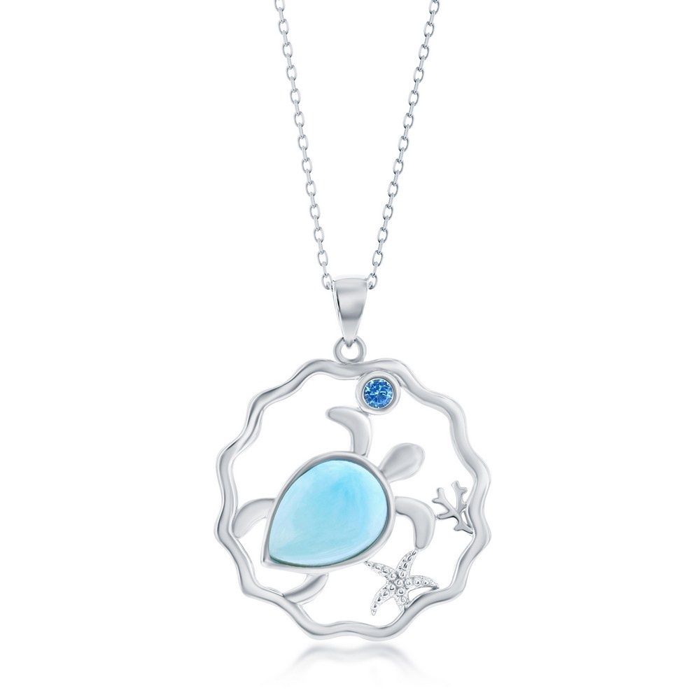 Sterling Silver, Larimar Turtle &amp; Blue CZ Pendant Necklace