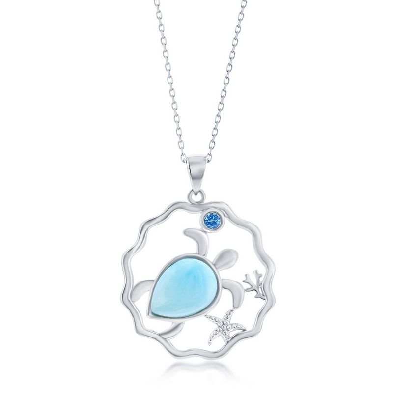 Sterling Silver, Larimar Turtle &amp; Blue CZ Pendant Necklace