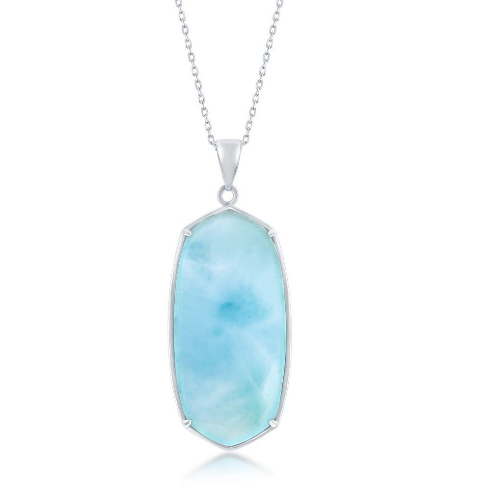 Sterling Silver, Large Long Hexagon Larimar Pendant Necklace